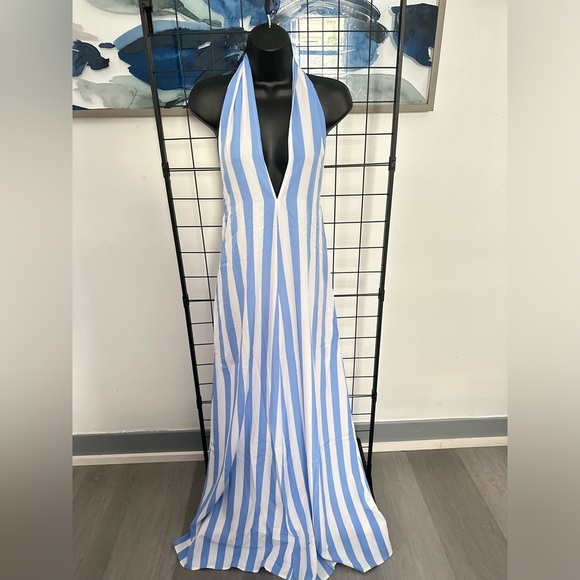Light Blue Open Back Halter Tie Neck Zipper Closure Striped Detail Maxi Dress - Picture 6 of 17